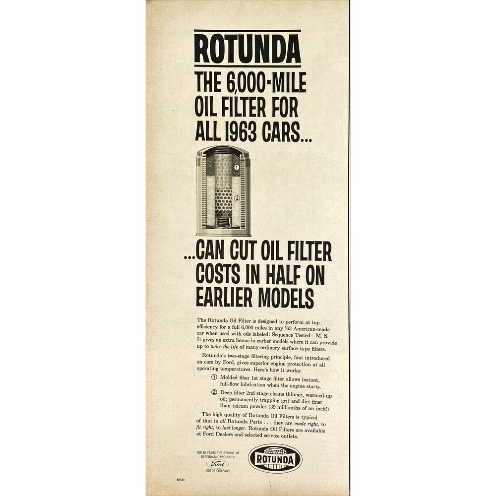 Rotunda "The 6000-Mile Oil Filter for all 1963 Cars..." Vintage Print Ad 1963
